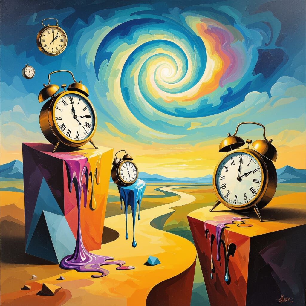 Surreal Melting Clocks Landscape in Dalí and Magritte Style