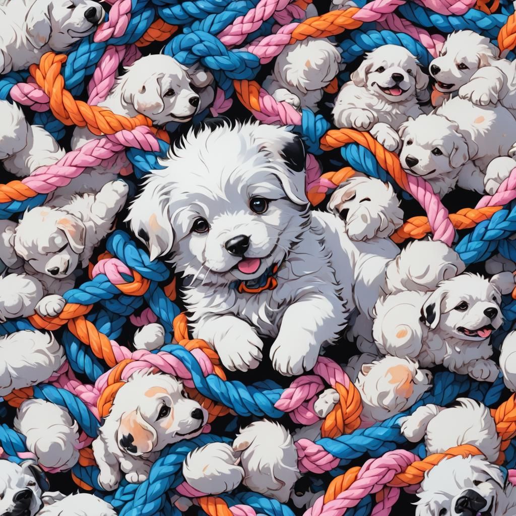 Fluffy Puppy Chewing Rope in Anime Style