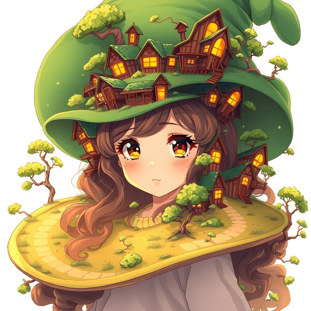 Girl's Whimsical Hat: Miniature Homes in Anime Style
