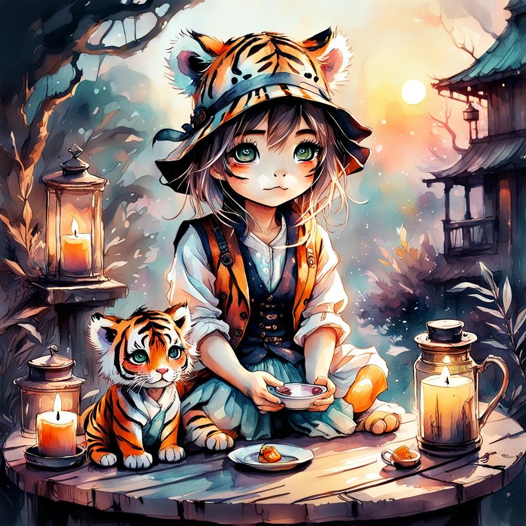 Chibi Girl and Tiger Cub Tea Party at Sunset