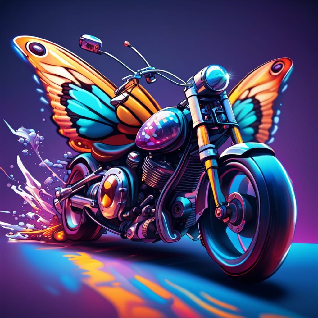 Butterfly Rides Motorcycle in Vaporwave Style