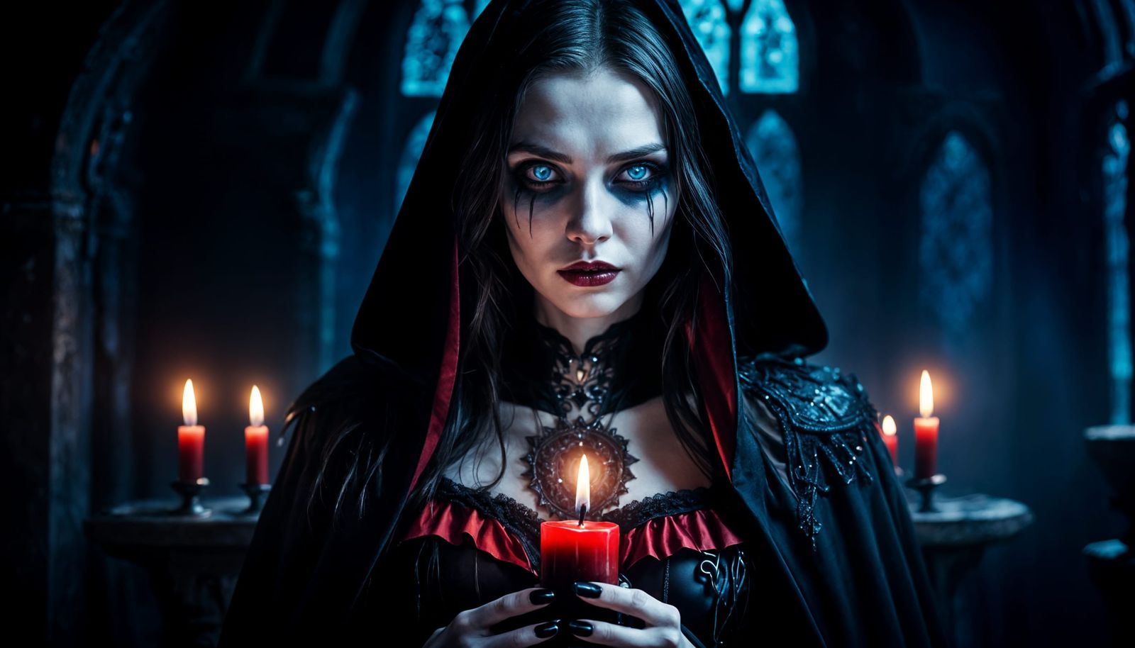 Icy-Eyed Vampire Woman in Gothic Dark Fantasy