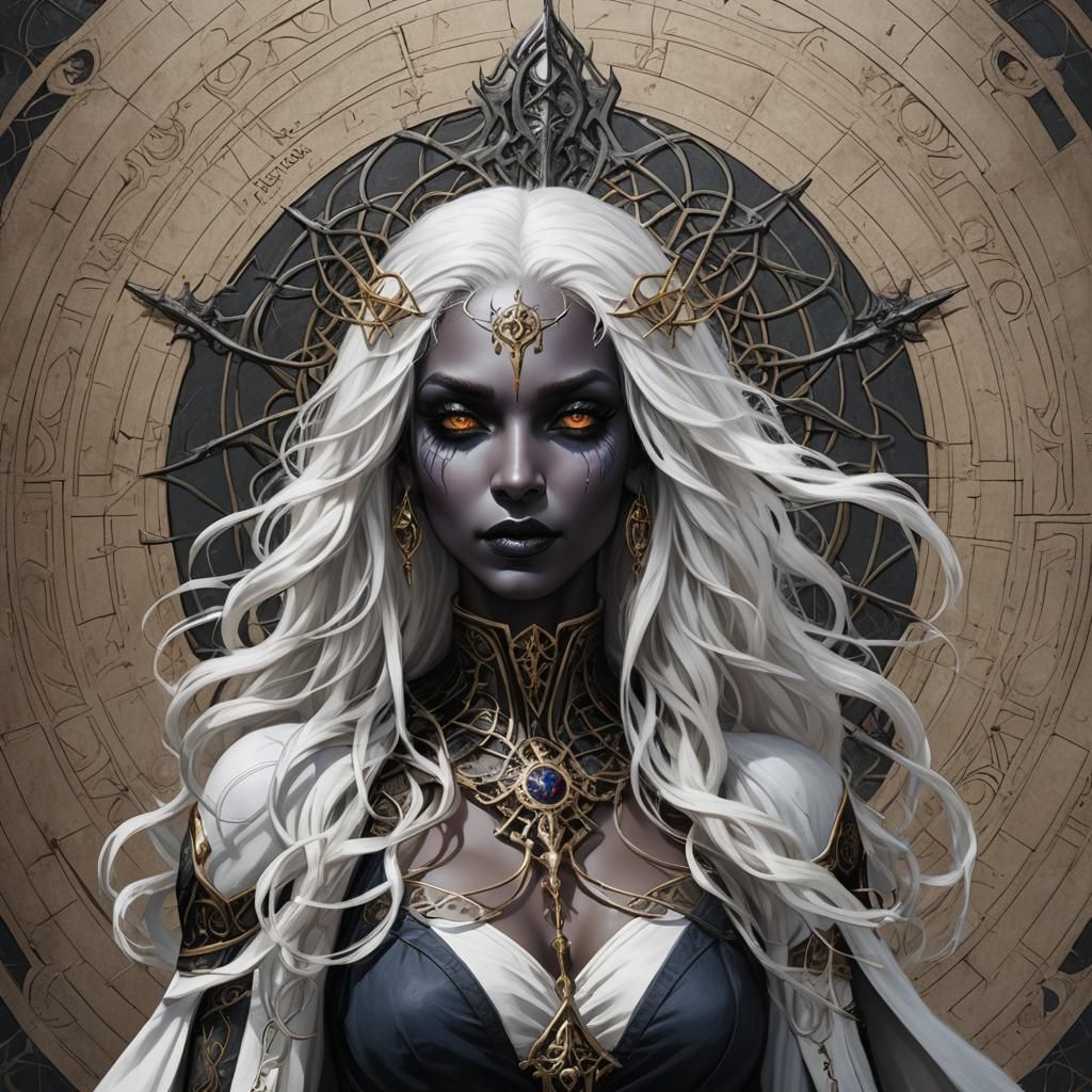 Vitruvian Drow Priestess with White Hair, High Resolution