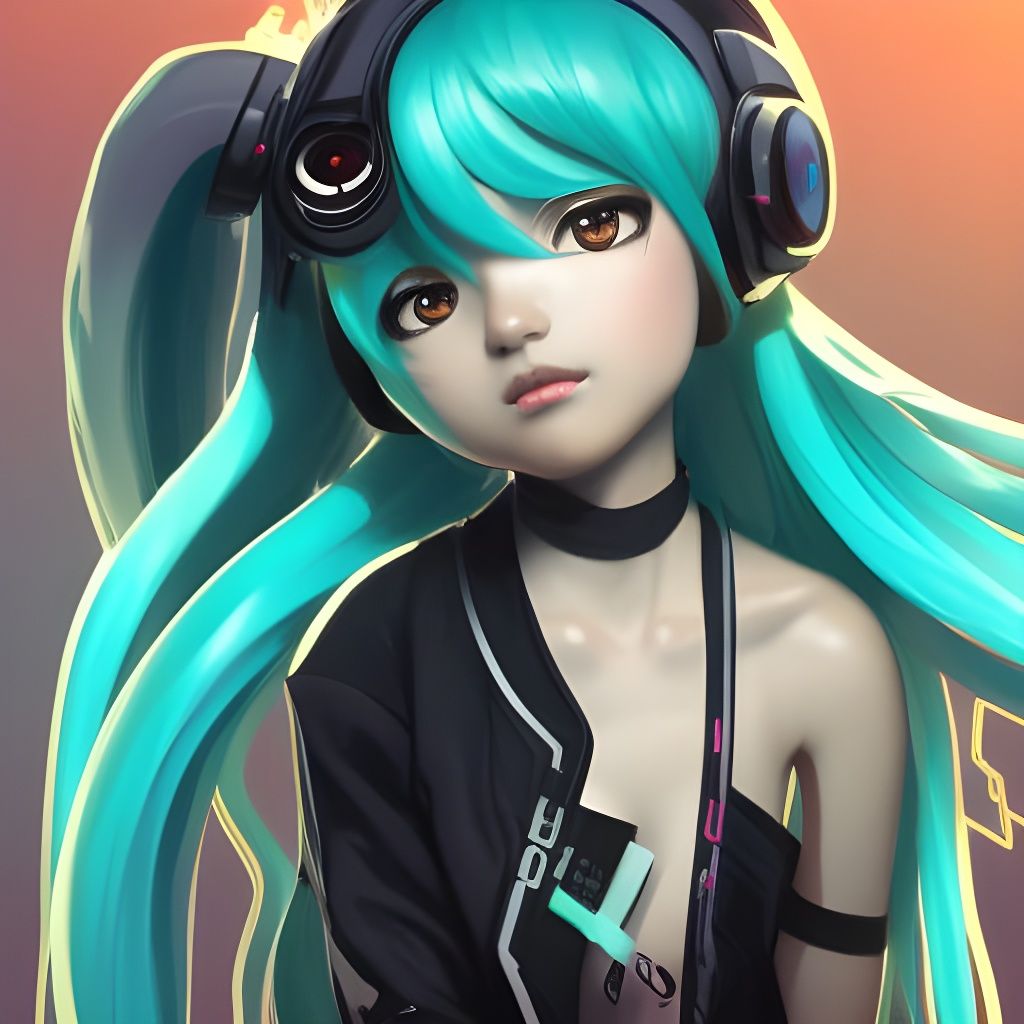 Black Chibi Hatsune Miku Portrait, Detailed Digital Art