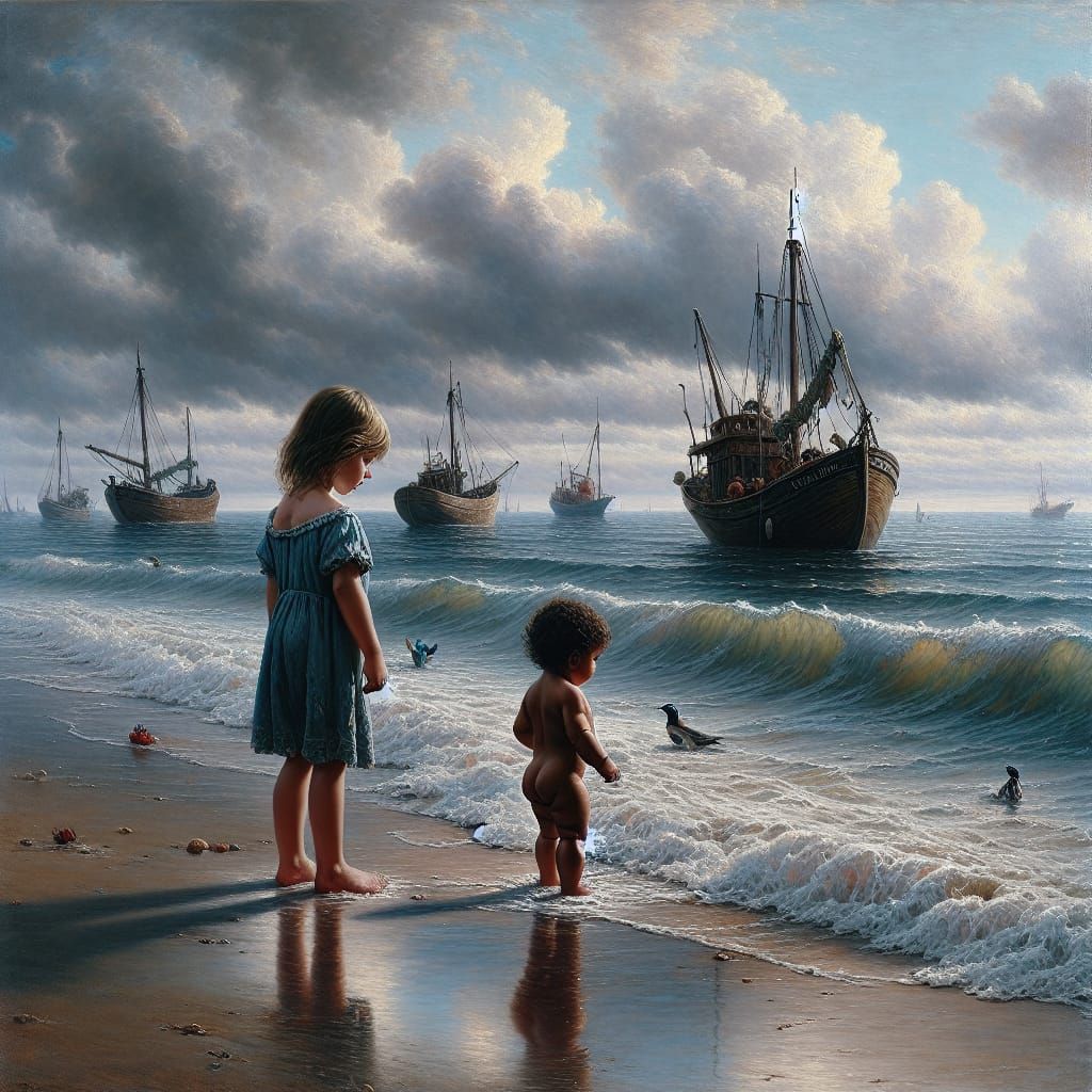 Children at the Beach in Impressionist Oil Painting