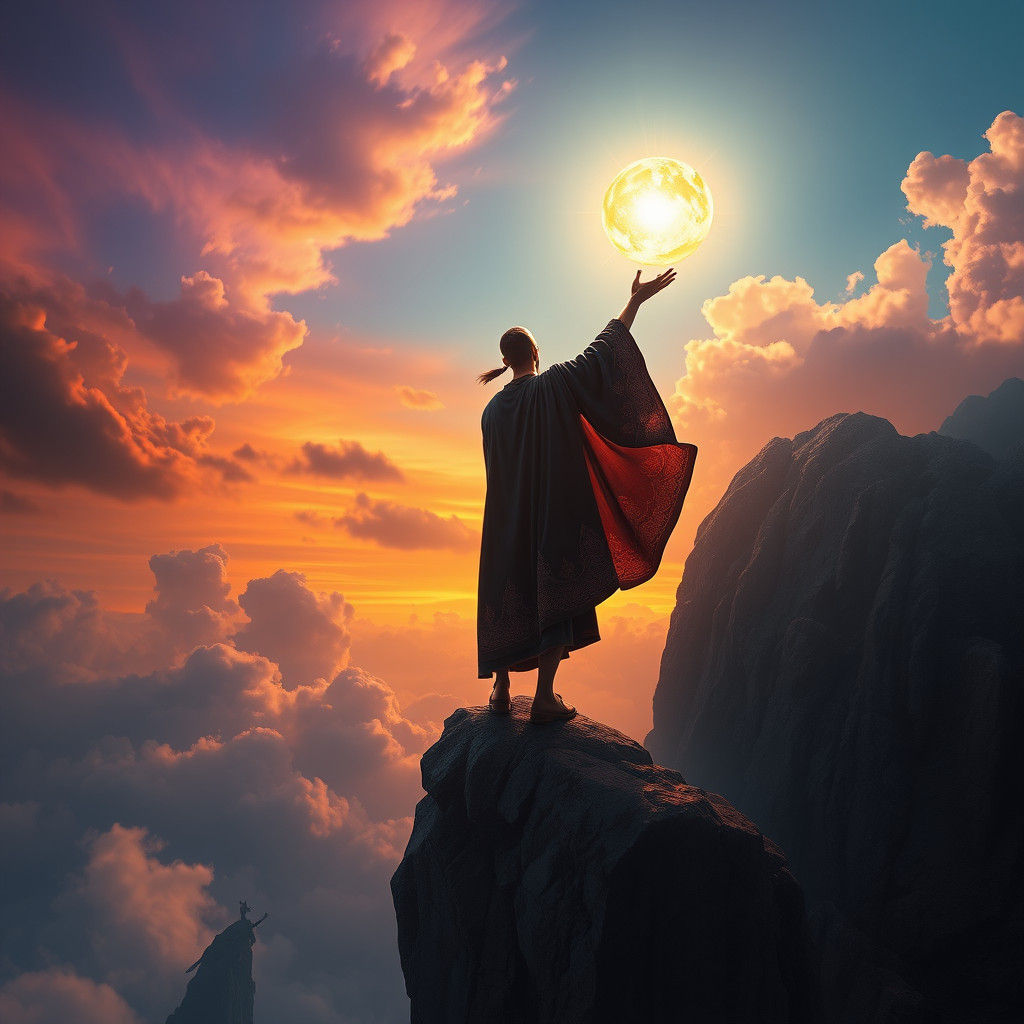Man Reaching for the Sun on Mystical Cliffside