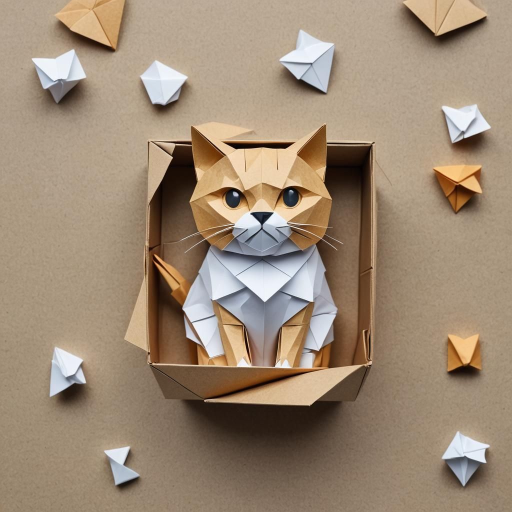 Origami Cat in Paper Case, Papercraft Style