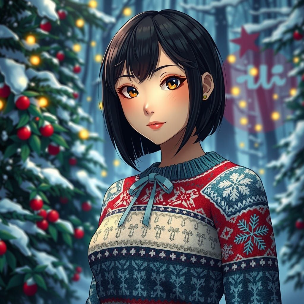 Anime-Inspired Woman in Festive Christmas Sweater