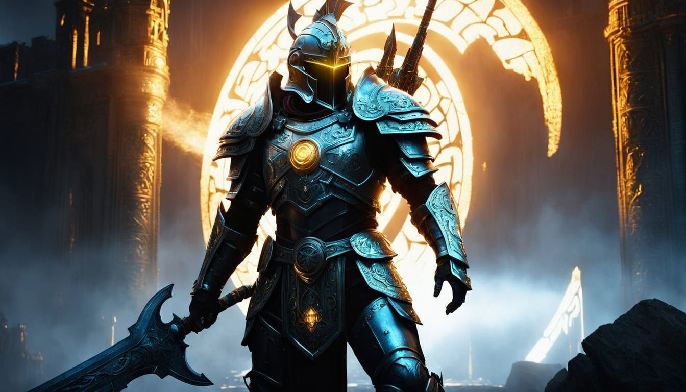 Epic Warrior Standing Tall Amidst Ruins of Ancient City