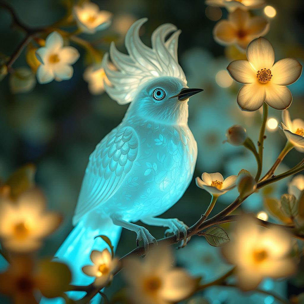 Luminous Porcelain Bird with Flowers, Dreamlike Surrealism