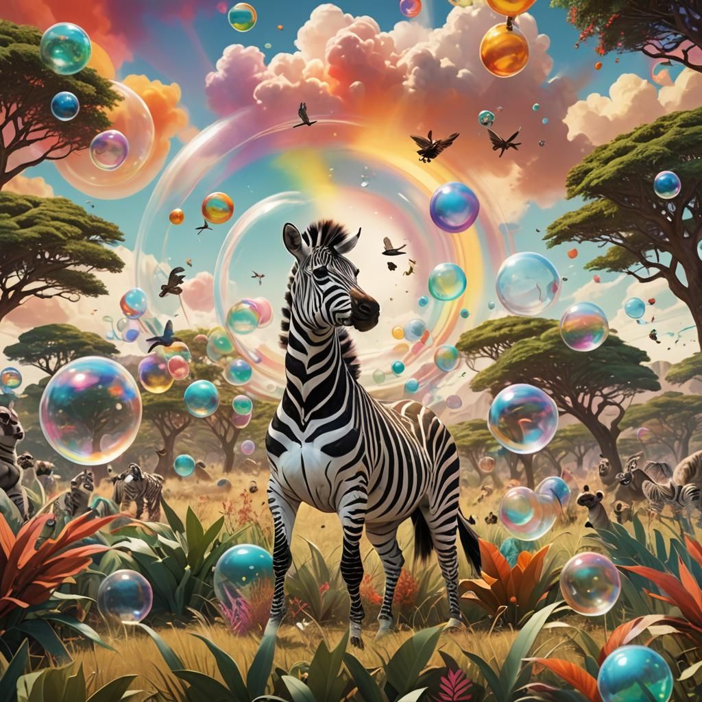 Zebra Farting Rainbow Bubble, Miyazaki-esque Digital Art