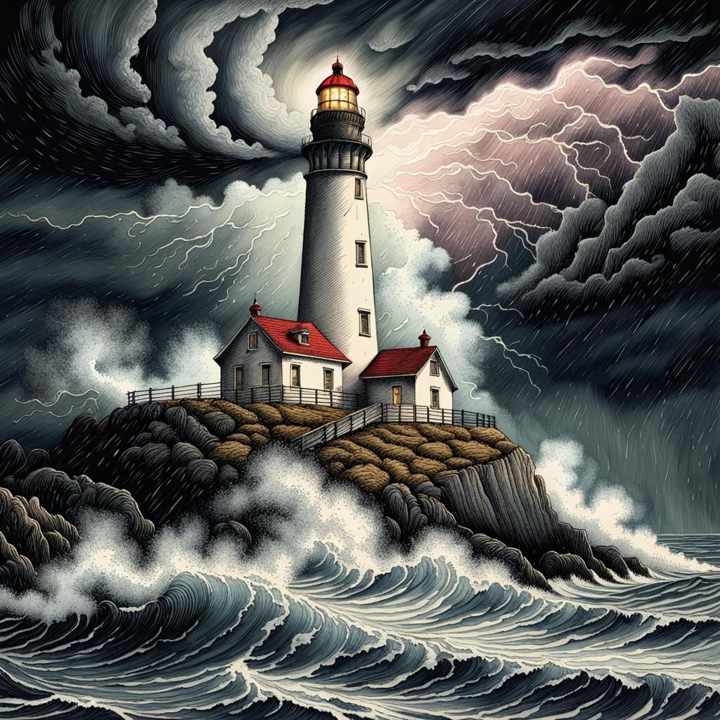 Lighthouse in Storm: Pen and Ink Illustration