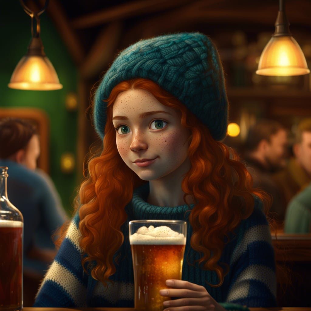 Cozy Tavern Scene with Ginger Girl and Butterbeer
