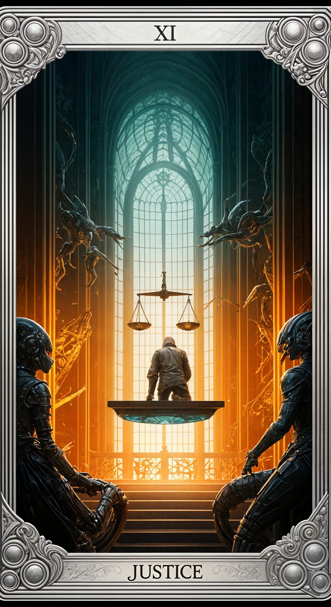 Justice Tarot Card in Cyberpunk Hall