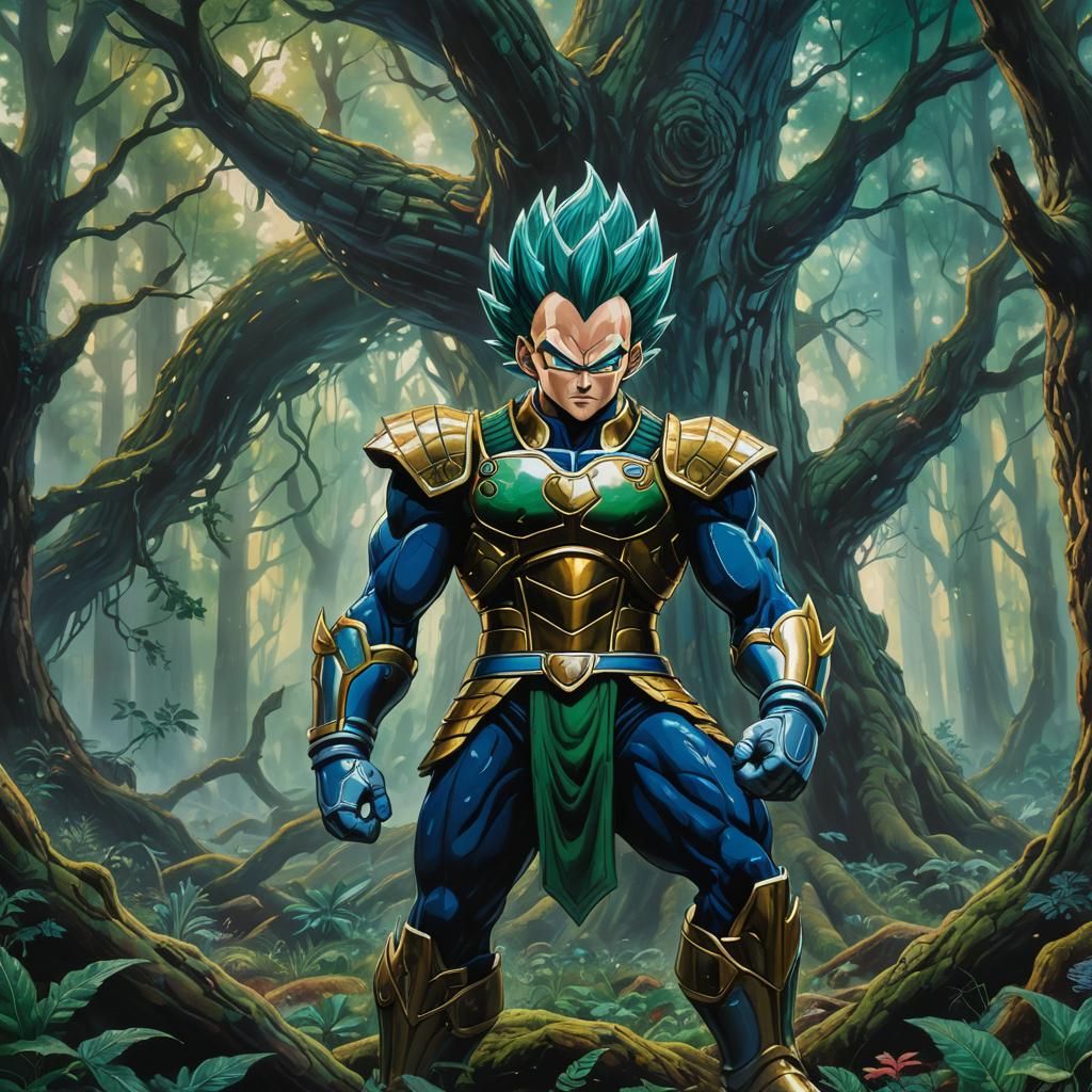Vegeta in Mystical Forest: Oil Painting