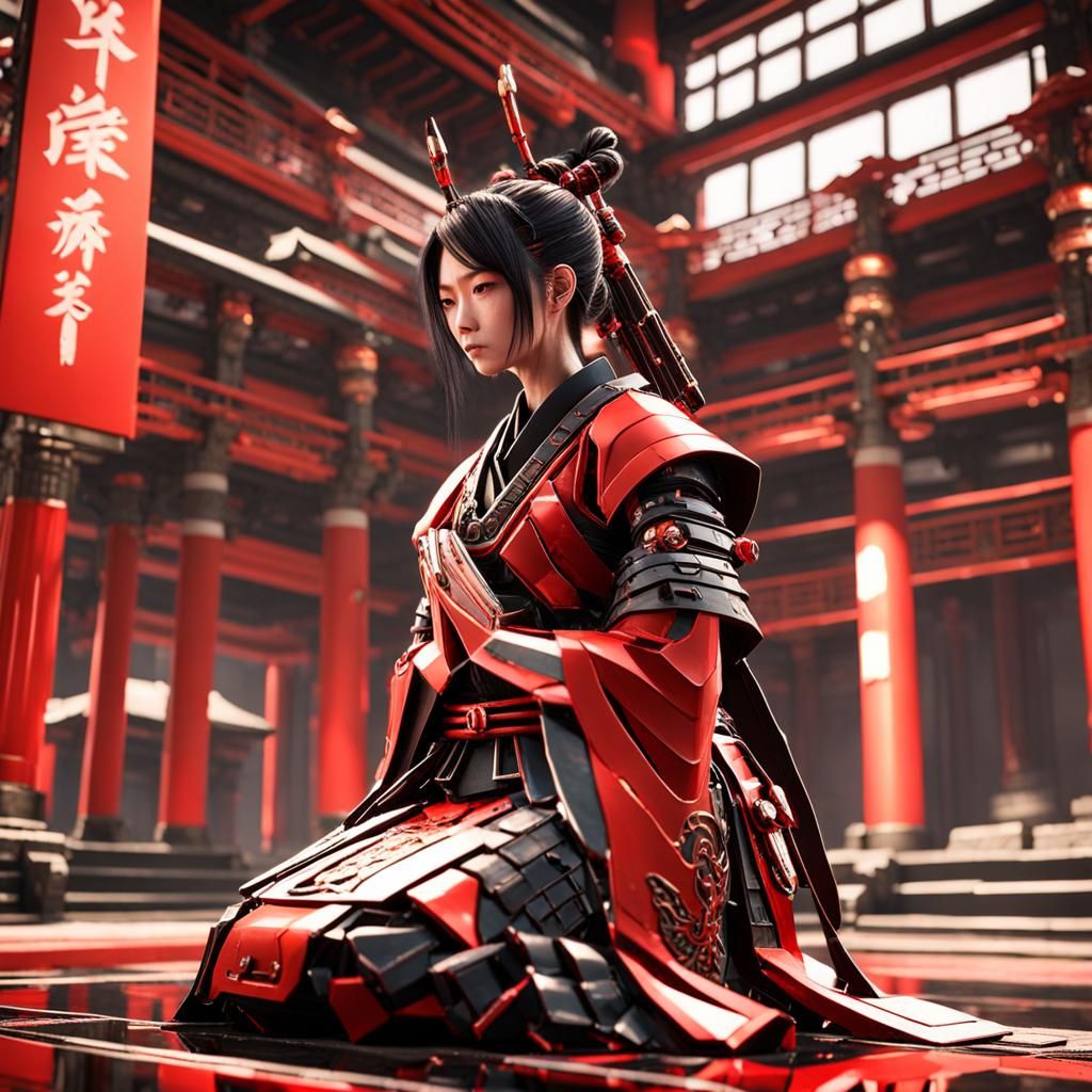 Female Samurai Praying in Japanese Temple