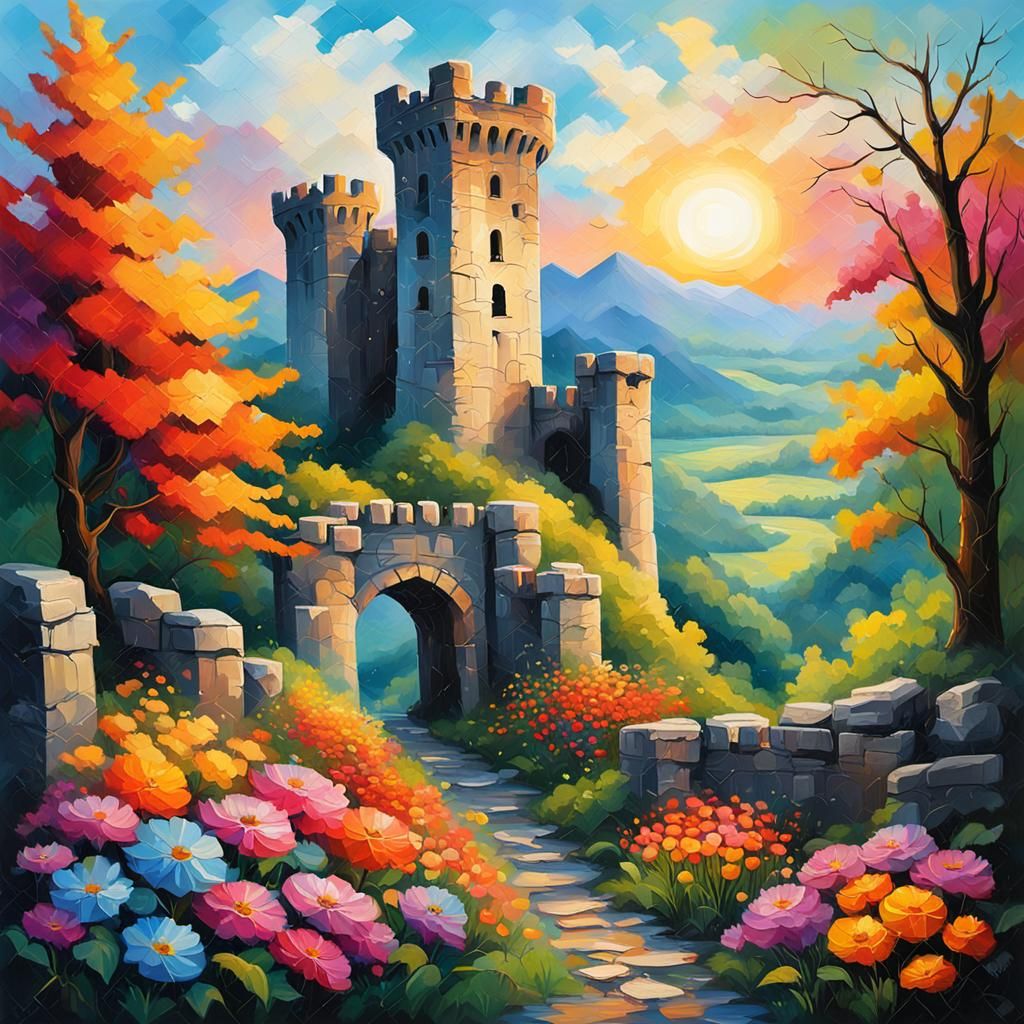 Colorful Castle Ruins at Sunrise: Expressionist Oil Painting