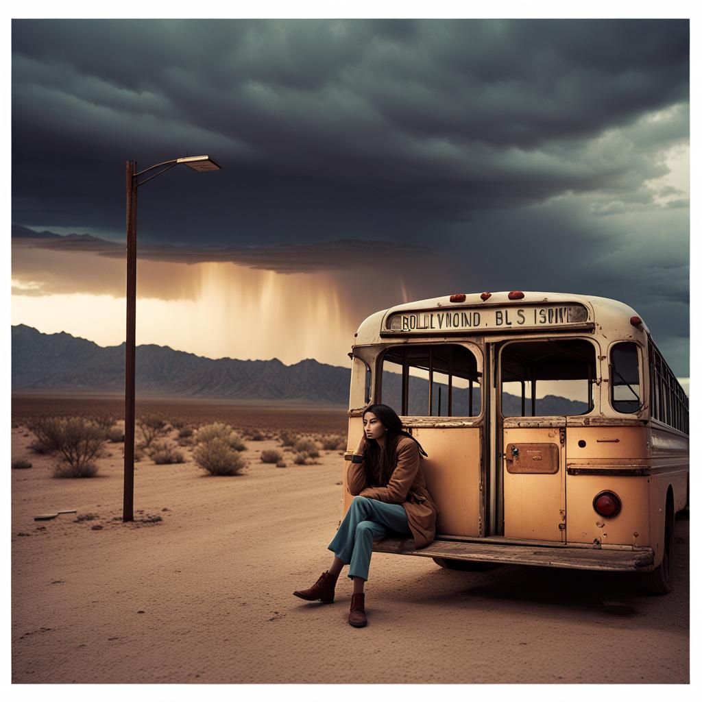 Desert Bus Stop at Dusk in 1970s Style