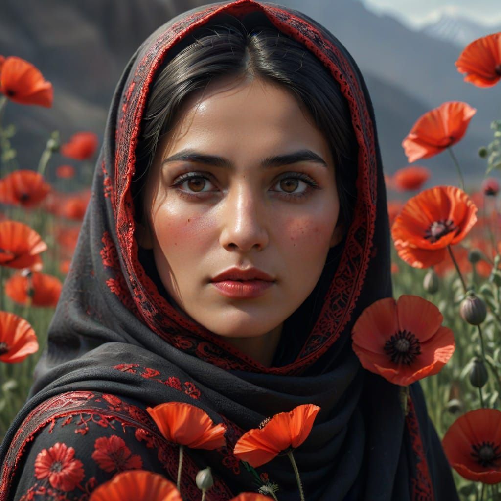 Afghan Woman in Poppy Field: A Hyper-Realistic Digital Paint...