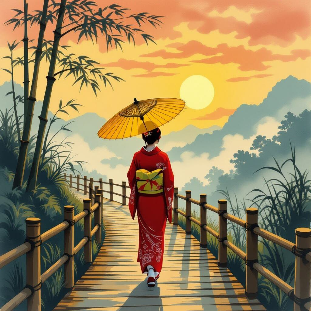 Surreal Chinese Woman with Parasol at Sunrise