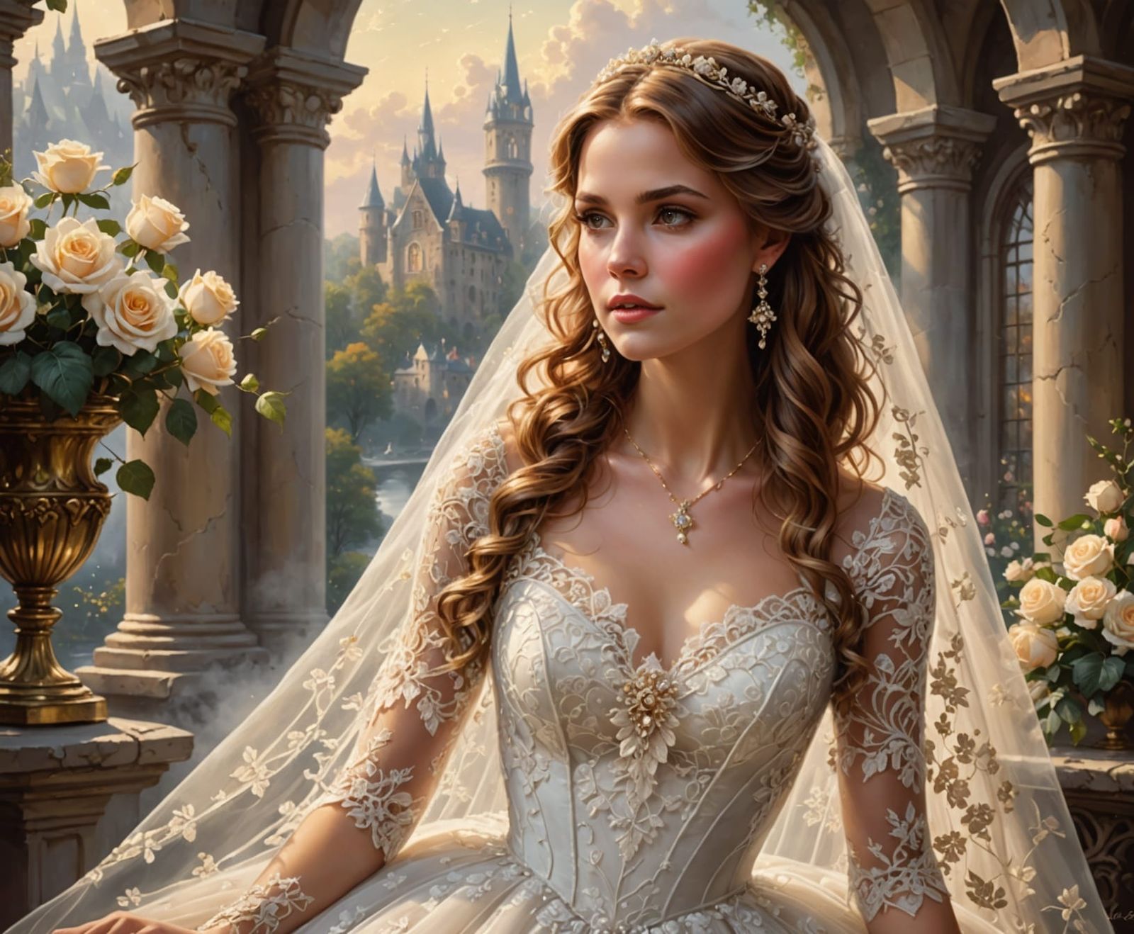 Beautiful Bride in Lace Dress: Hyperrealistic Painting