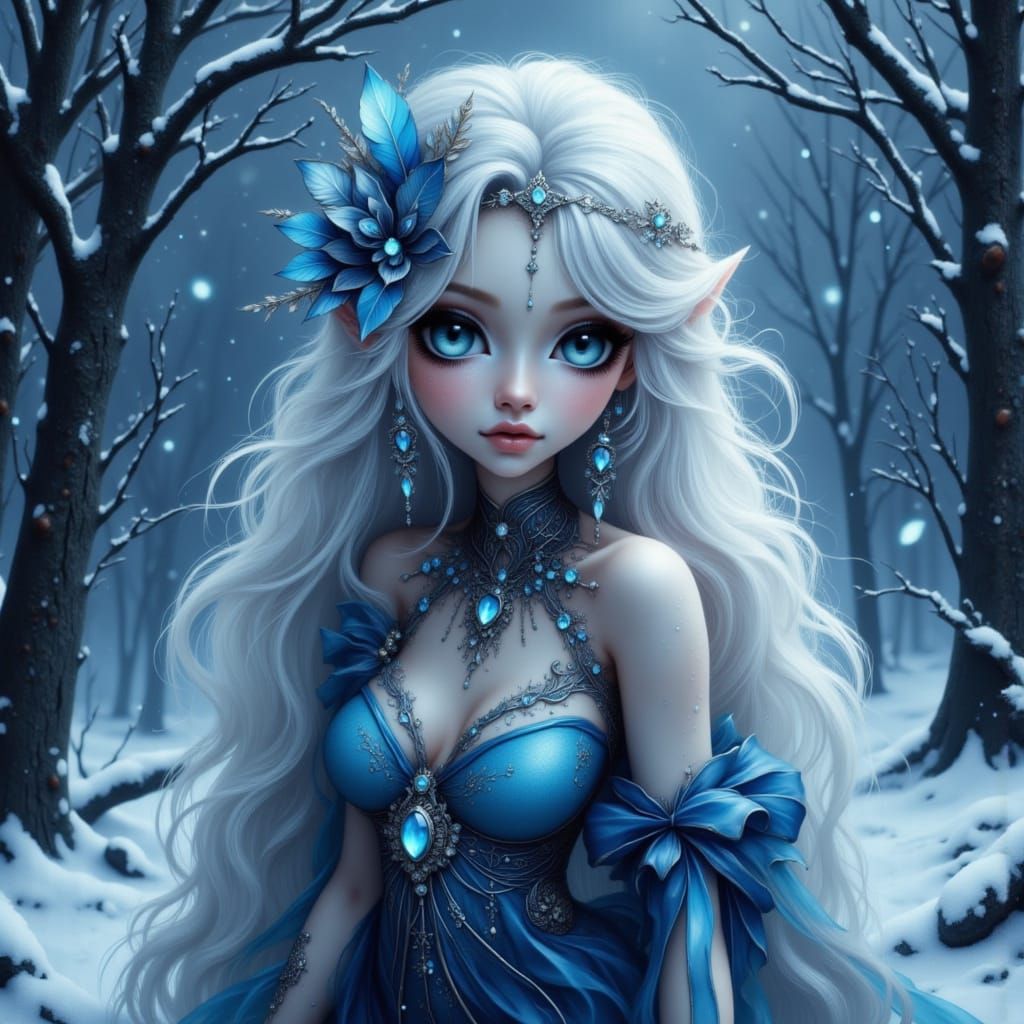 Enchanting Alien Girl in Winter Forest, Mixed Media