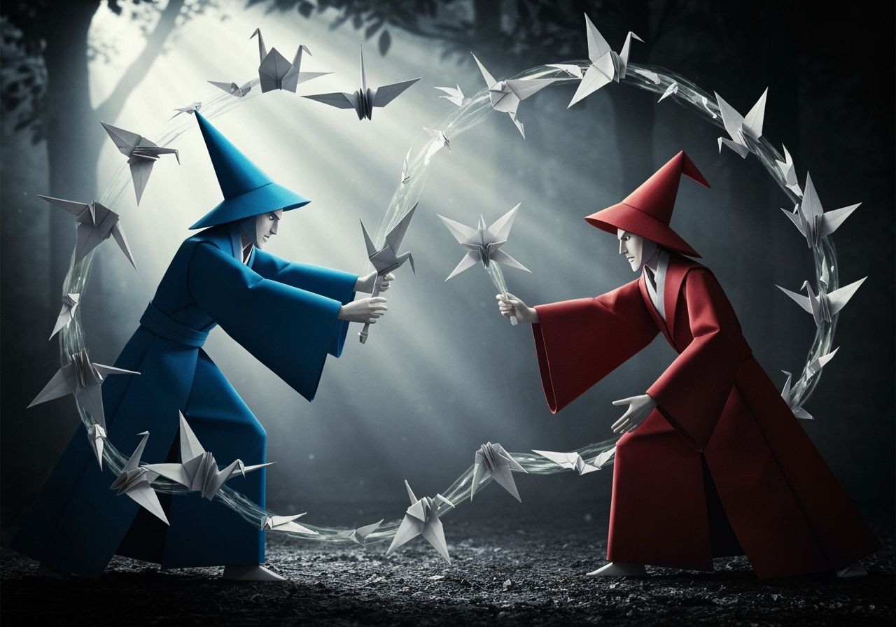 Origami Wizards Duel in a Moody Forest