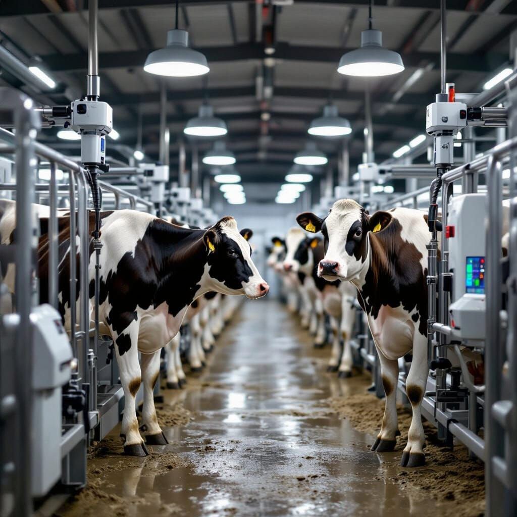Cows Milked by Robots in Modern Parlor