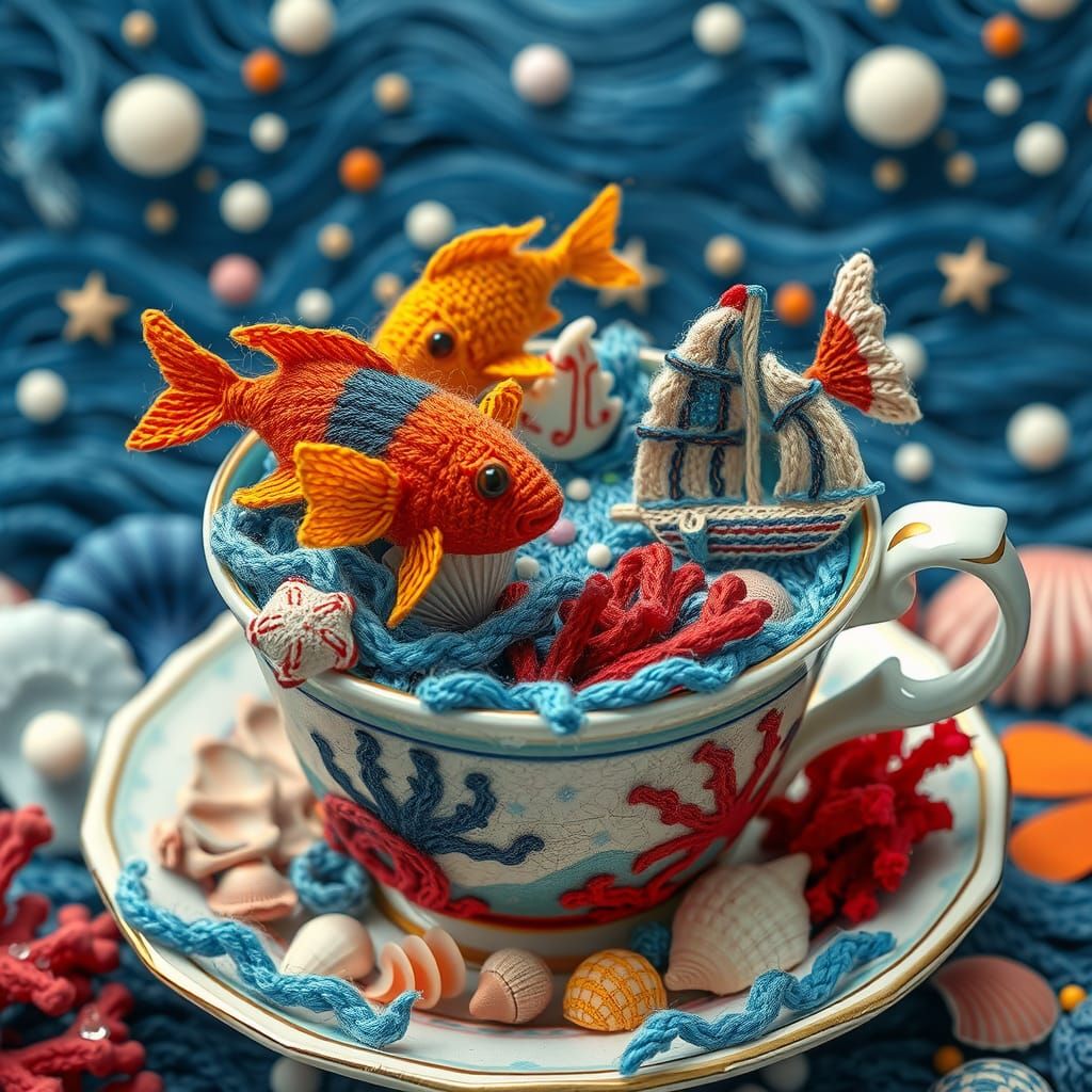 Knitted Art: Tiny Fish in Teacup with Coral