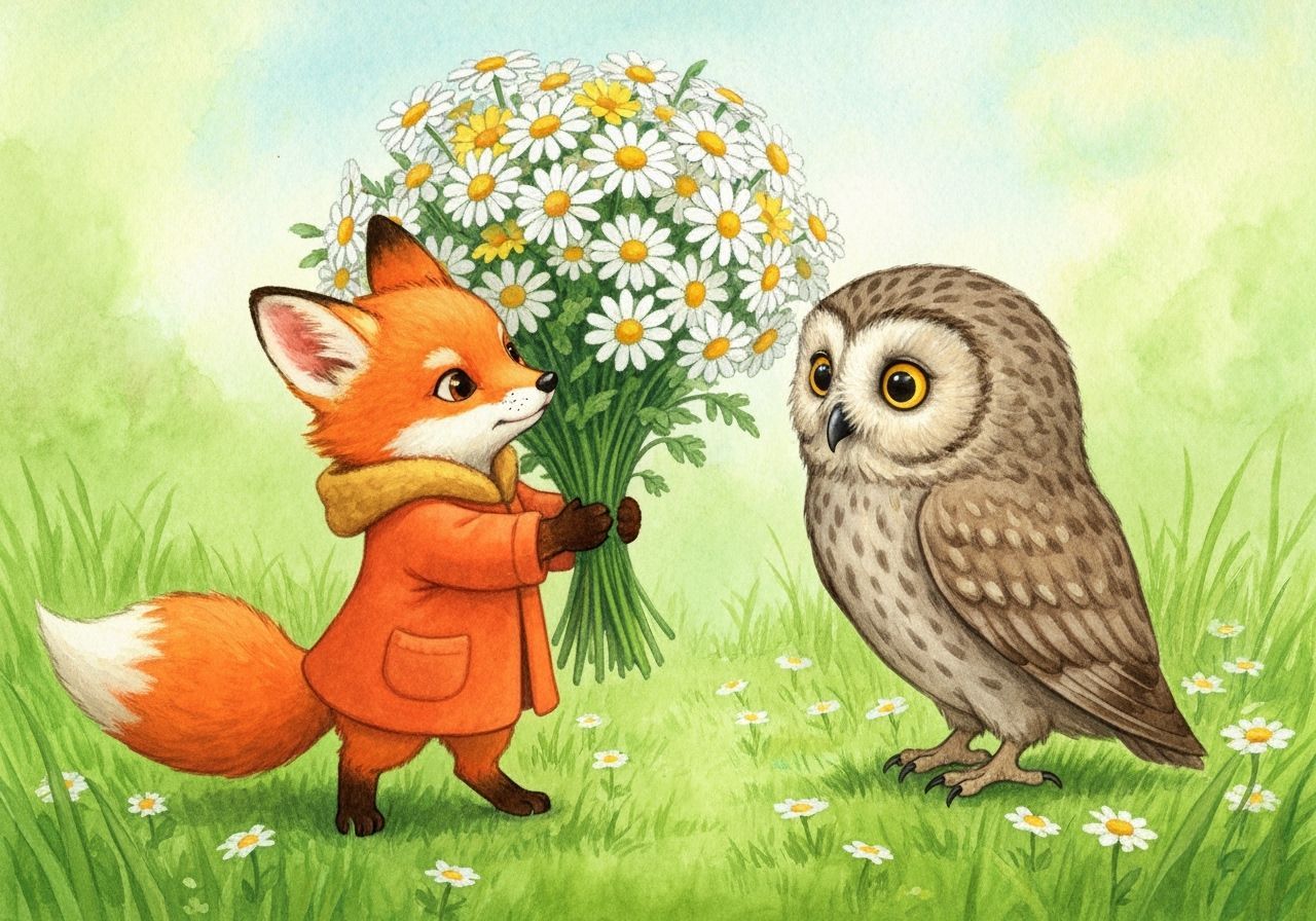 Fox Cub Offers Daisies to Owl in Watercolor Style
