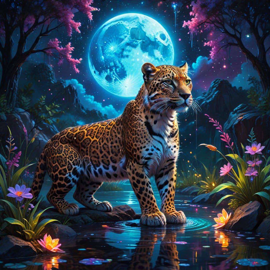 Neon Leopard Drinks Under Dreamlike Moon in Vibrant Oil Pain...