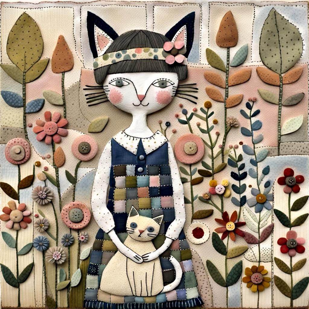 "Julie Arkell" inspired folk art style flower garden, there is a gardener and a cat. focus on handmade textures
soft, ea...