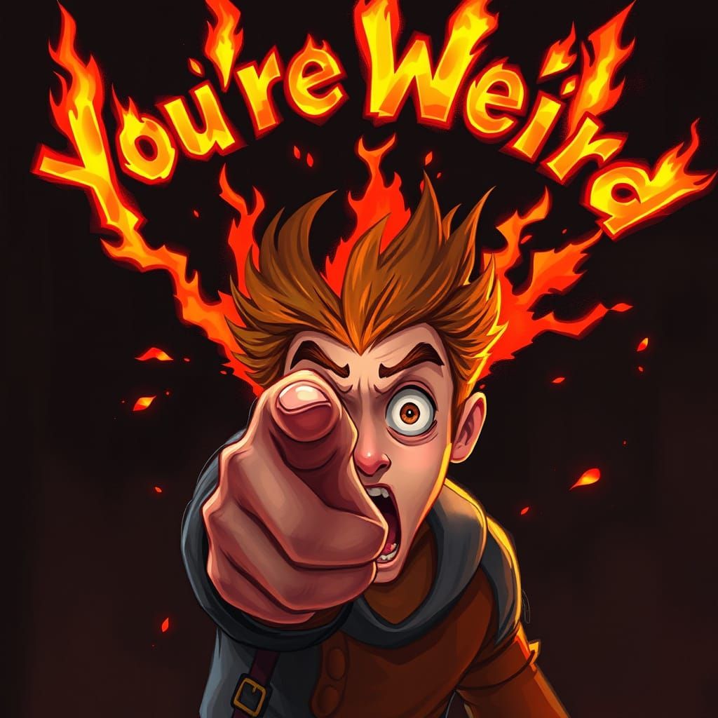 Shocked Character with Fiery "You're Weird" Text