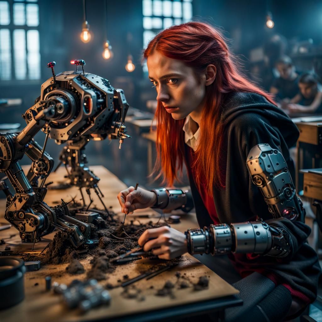 Hogwarts Student Builds Robot in Cyberpunk Classroom