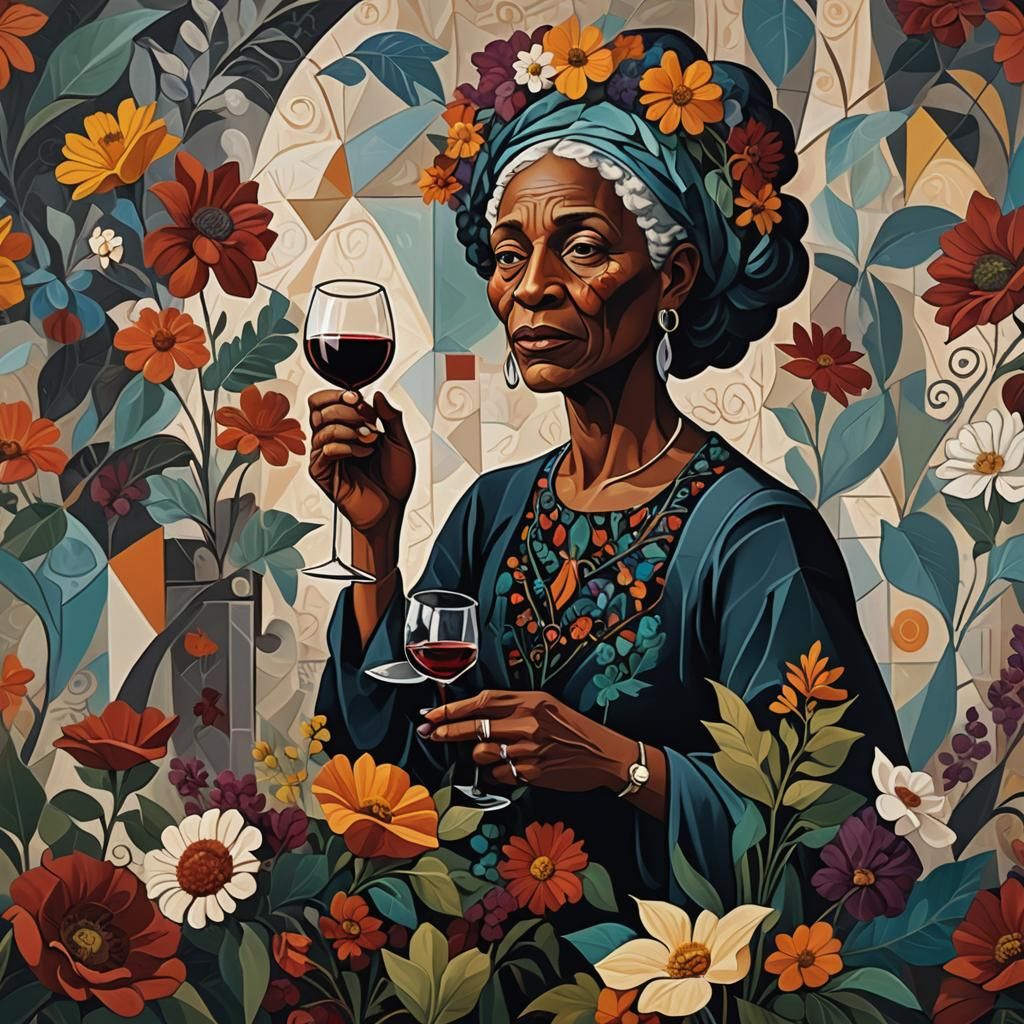 Abstract Woman with Flowers and Wine in Cubist Style