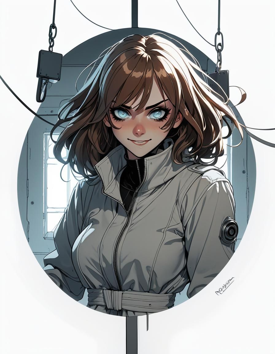 Anime Girl with Wicked Smile in Asylum, Line Art