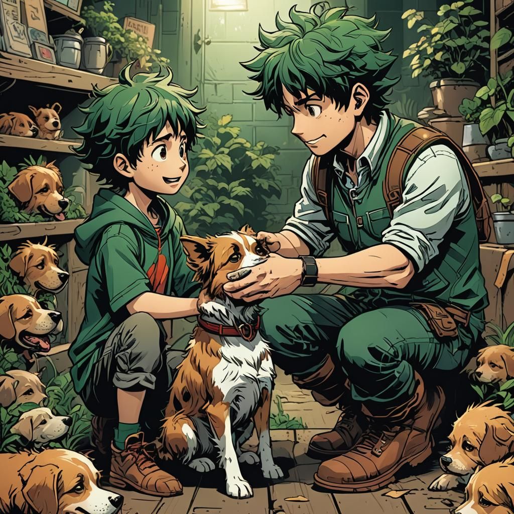 Deku Petting a Dog in Comic Book Style