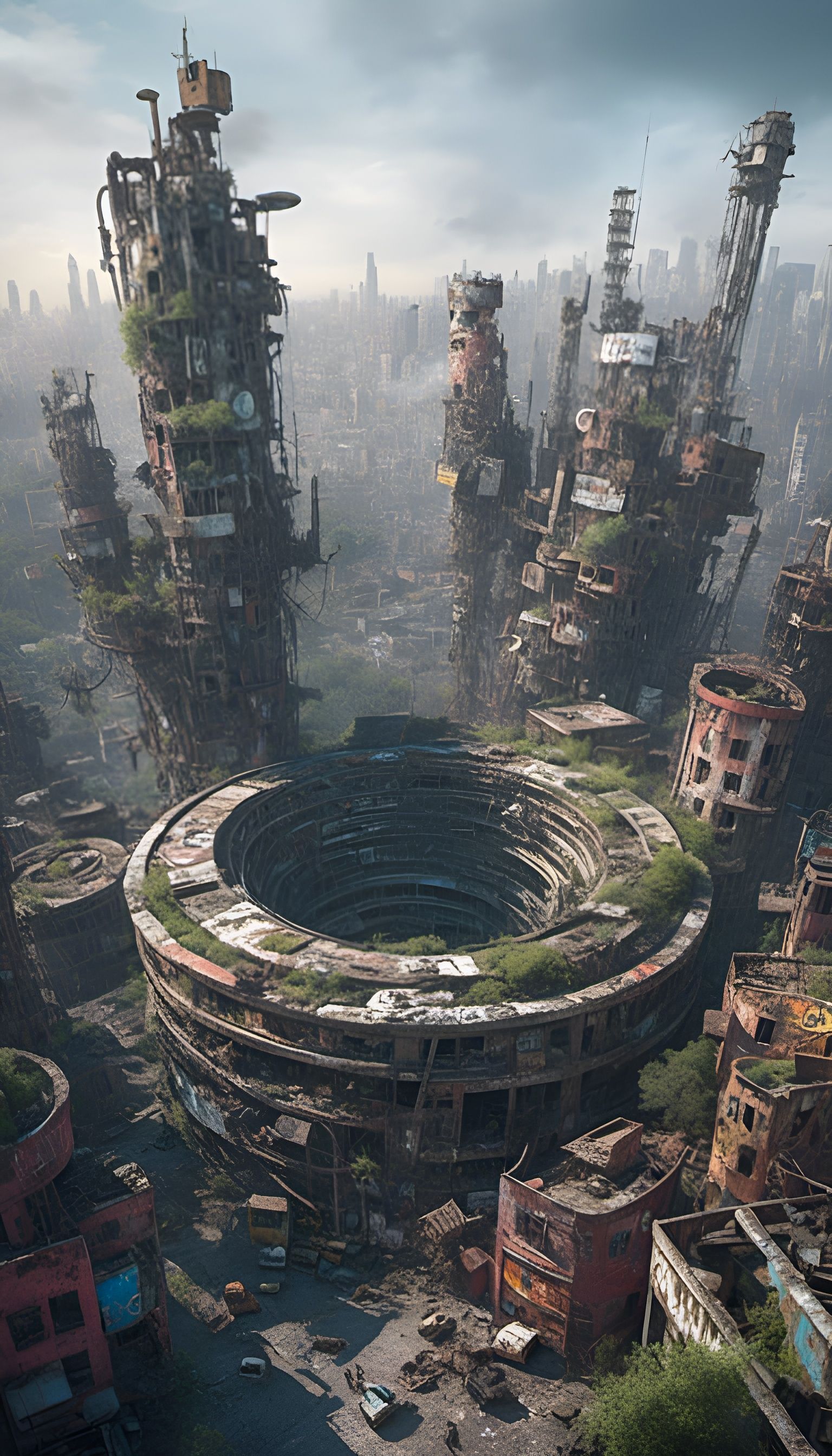 Dystopian Cityscape with Circular Abyss