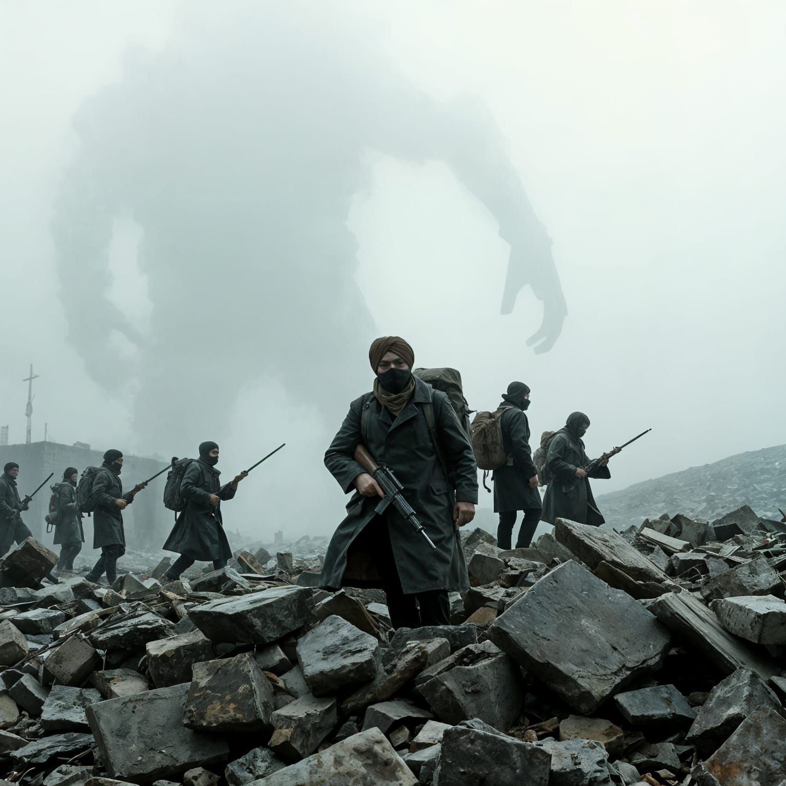 Terrifying Horror Scene: Masked Travelers Hide From Giant Mo...