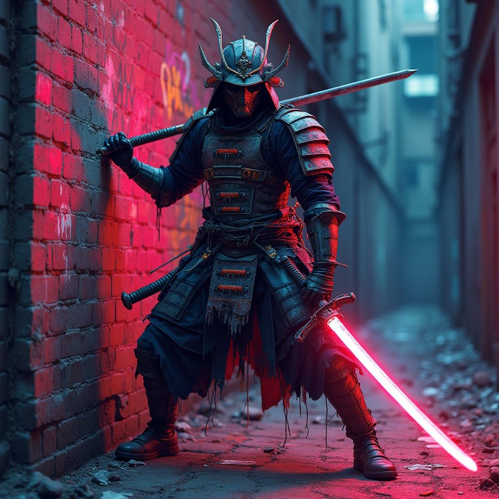 Cyberpunk Samurai Warrior in Neon Alleyway