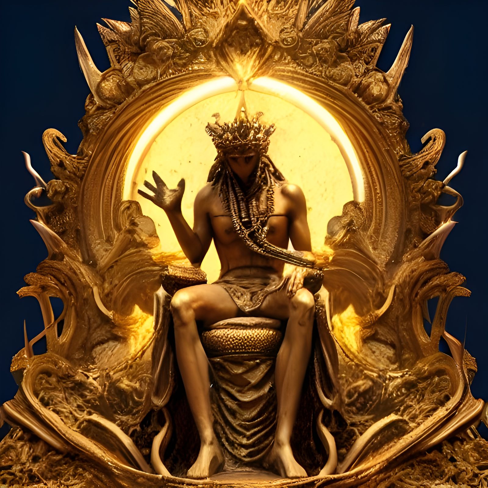 AI King Statue on Ornate Throne in Dystopian Landscape