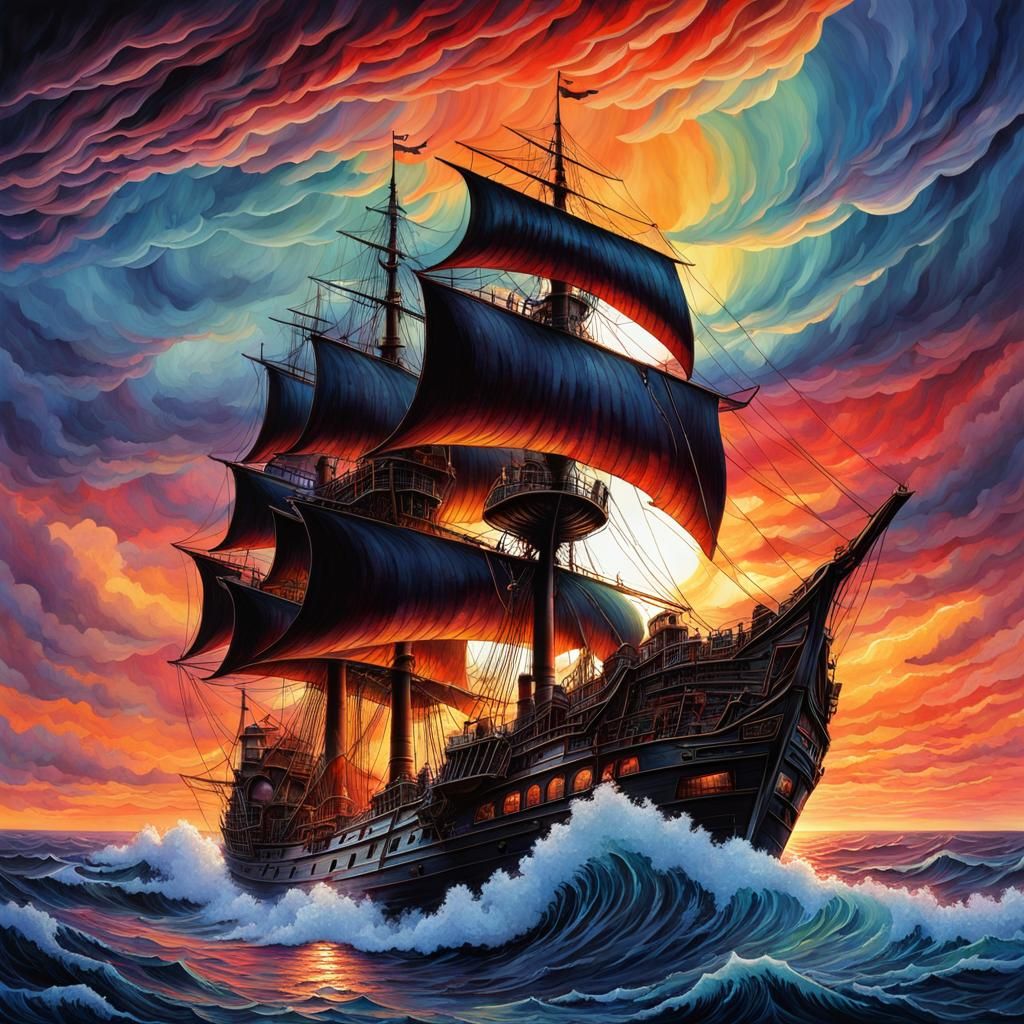 Gothic Ship on Stormy Ocean in Watercolor Style