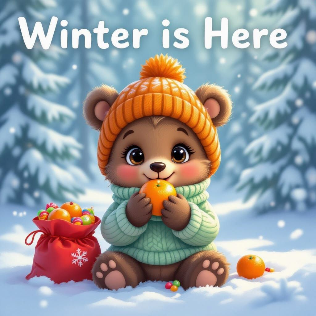 Cute Bear Cub Enjoys Tangerine in Snowy Forest