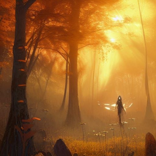 Golden Death Reaper in Autumn Forest, Fantasy Art