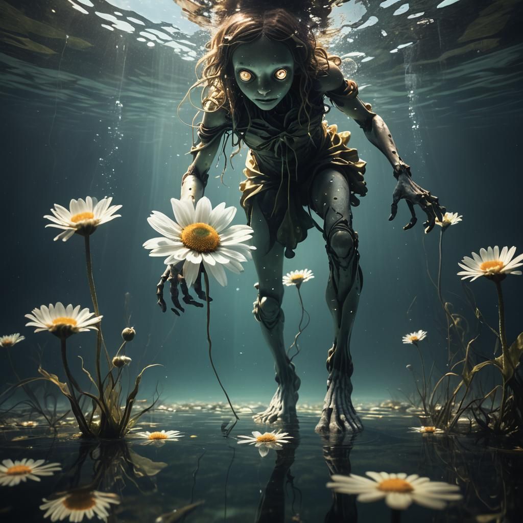 Humanoid Flower Walks Underwater in Surreal Scene