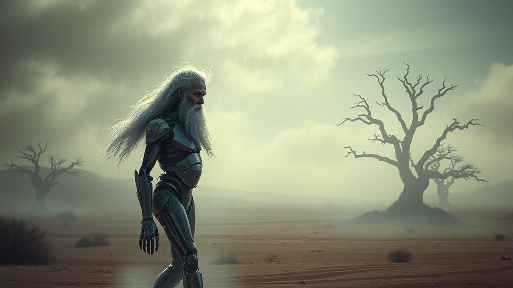 Cyborg Elder Walks in Desert Landscape