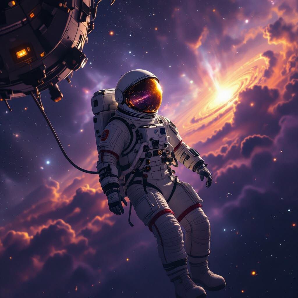 Astronaut Adrift Among Purple and Gold Nebulae