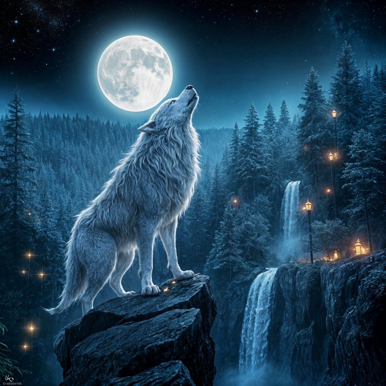 Silver Wolf Howling at Moonlit Cliffs