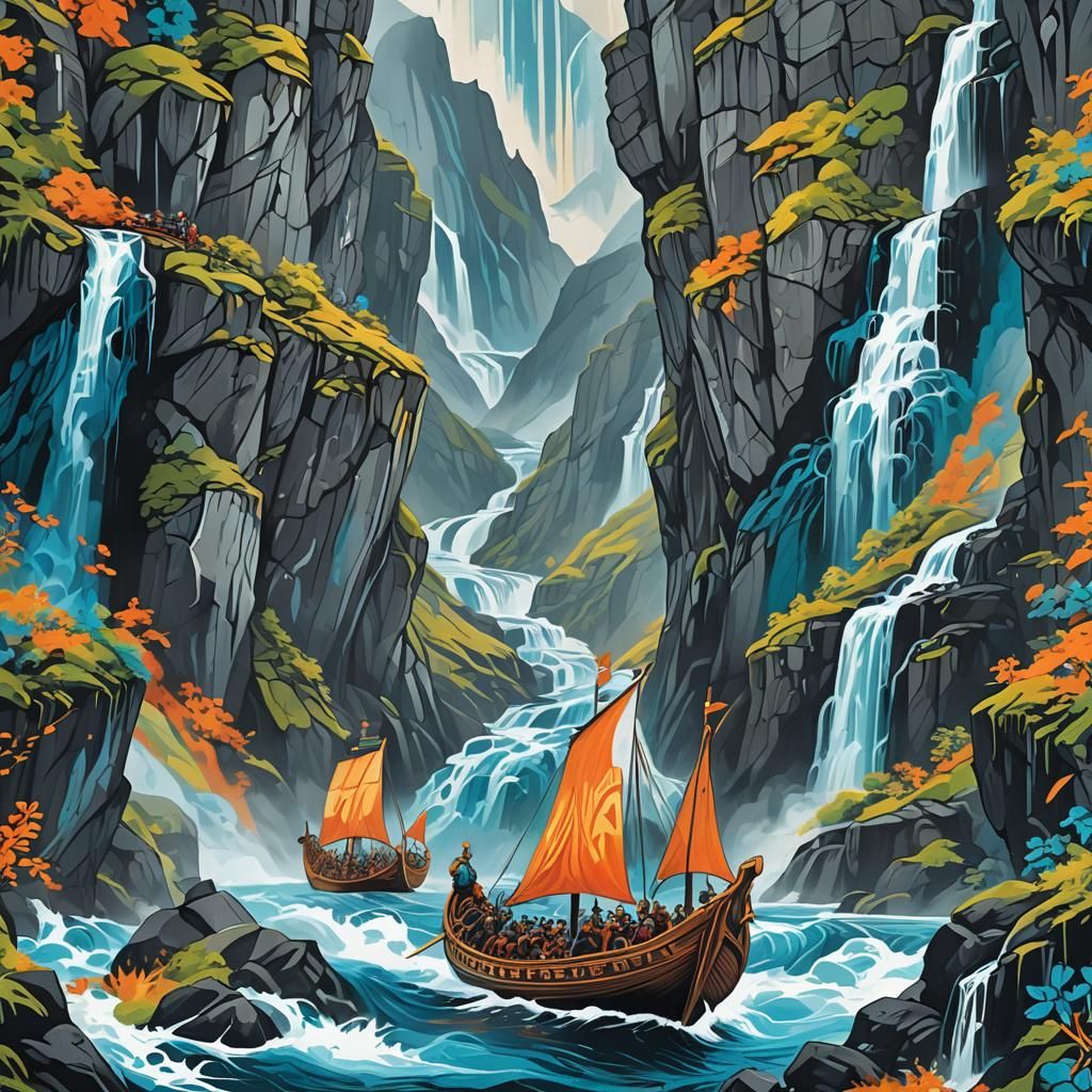 Vibrant Graffiti Mural of Vikings in Norwegian Fjords