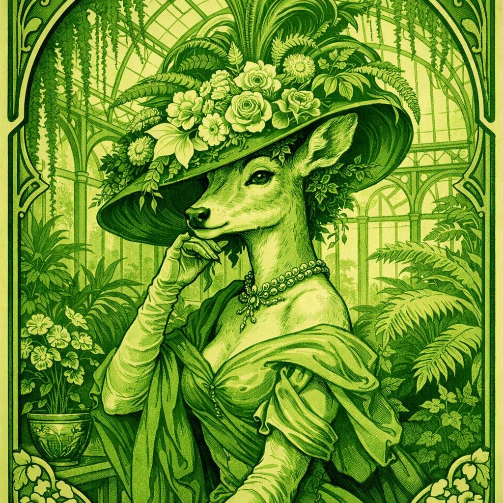 Elegant Anthro Doe in Greenhouse Art Nouveau Poster